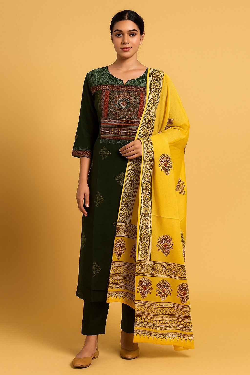 Elegant Green Printed Kurta Set with Mustard Dupatta