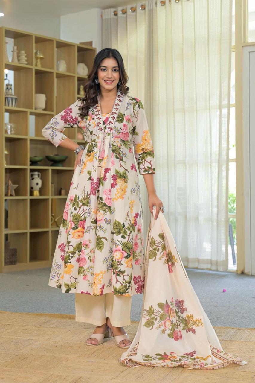 Elegant Off-White Floral Printed Cotton Kurta Set with Dupatta