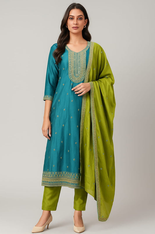 Turquoise Blue & Green Embroidered Three-Piece Ethnic Set