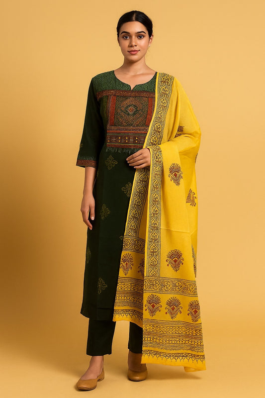 Elegant Green Printed Kurta Set with Mustard Dupatta