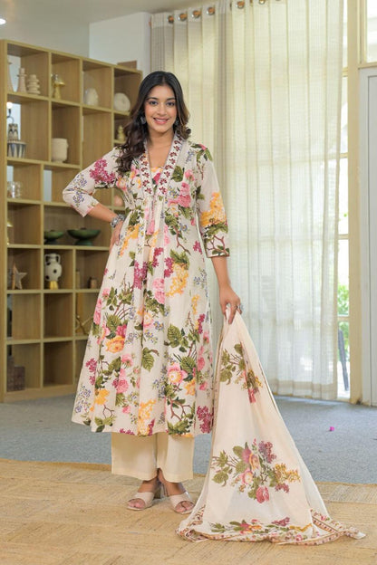 Elegant Off-White Floral Printed Cotton Kurta Set with Dupatta