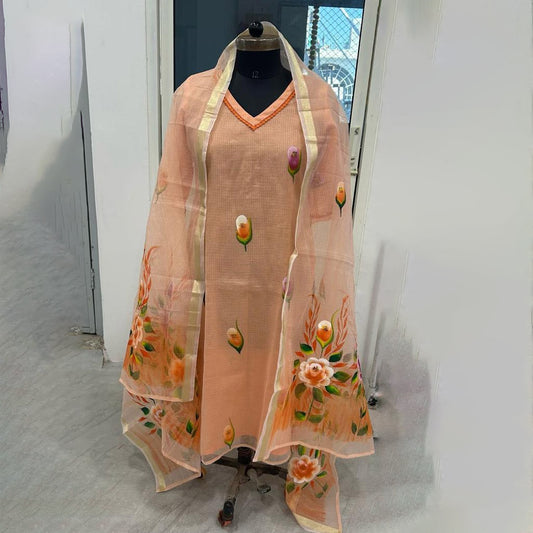 Peach Hand-Painted Kota Suit Set with Dupatta